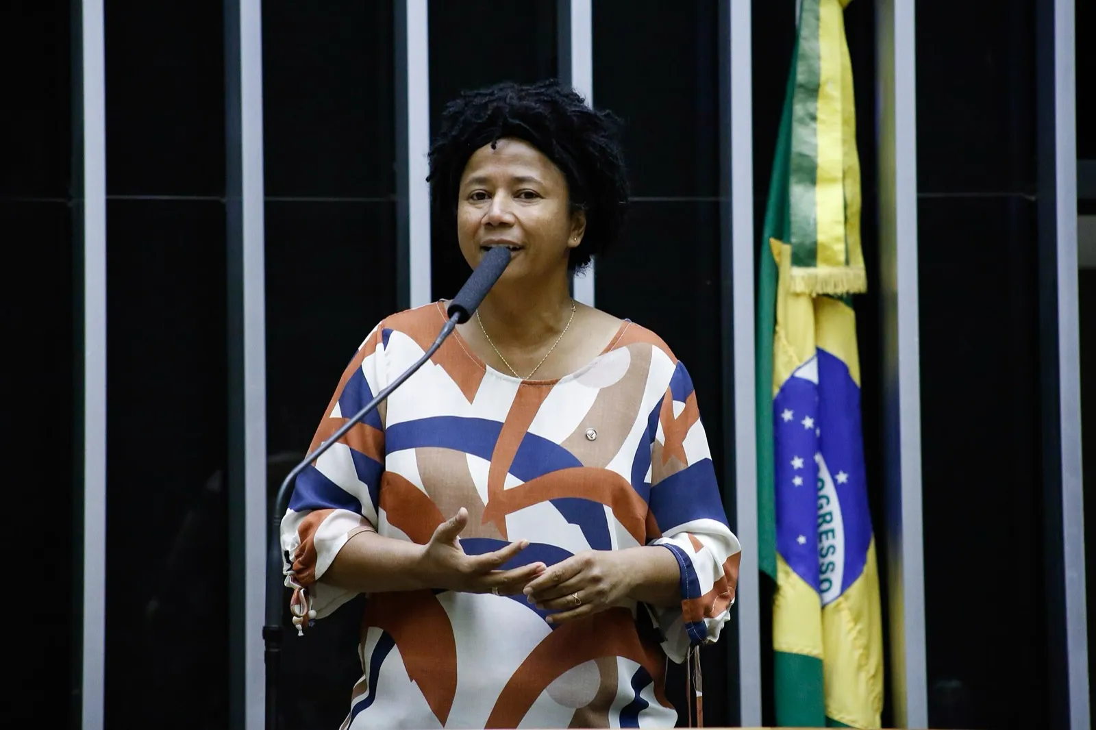 A deputada Silvia Cristina fala e gesticula à tribuna do plenário da Câmara dos Deputados.
