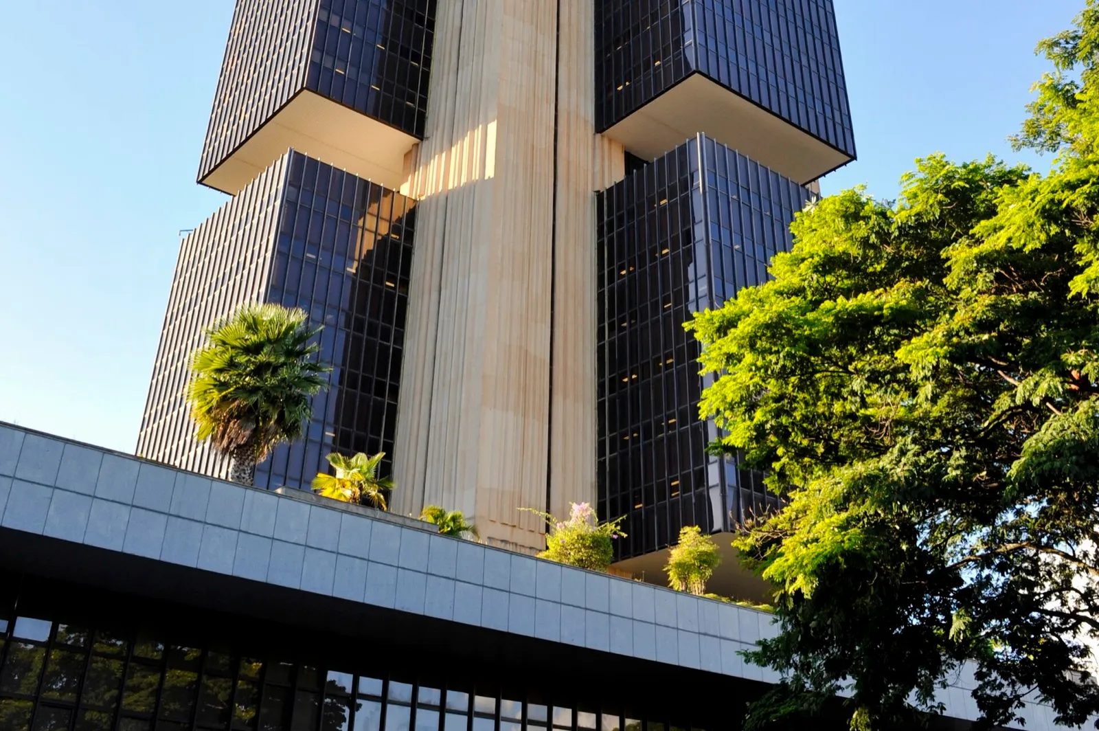Fachada do prédio-sede do Banco Central, em Brasília, com torres de vidro escuro, uma coluna clara ao centro e árvores à direita.
