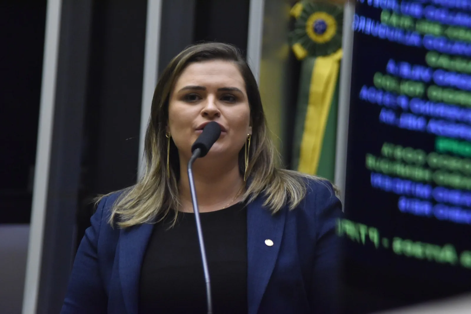 Deputada fala ao microfone no plenário, com o painel de votação aceso ao fundo e a bandeira do Brasil no canto.