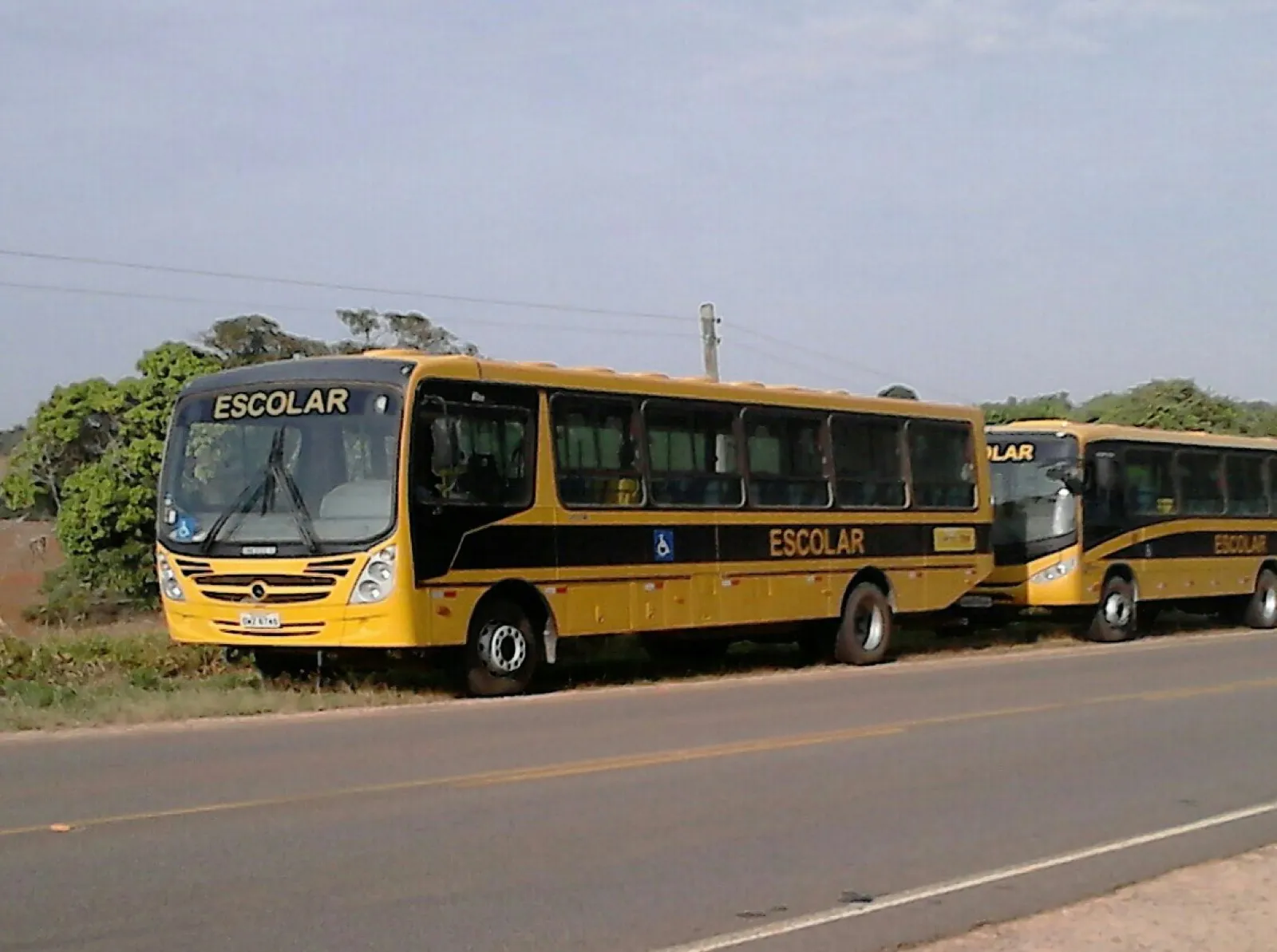 Dois ônibus amarelos de transporte escolar estão parados à margem de uma rodovia.